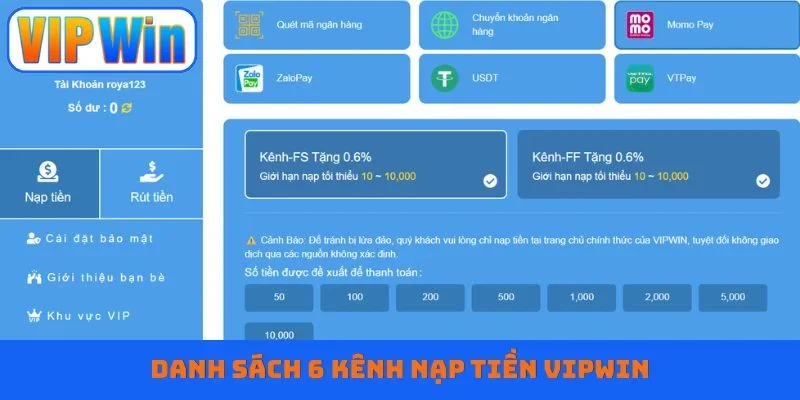 Danh sách 6 kênh nạp tiền Vipwin